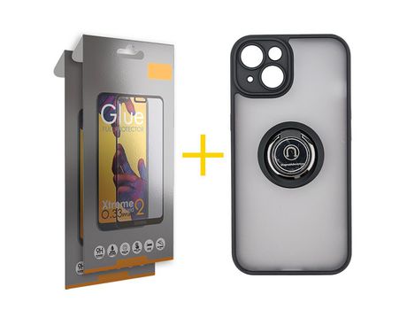 Juego 2 X Película de Vidrio Templado Full y Funda SKYHE por Apple iPhone 14 Gel Bumper con Anillo Negro
