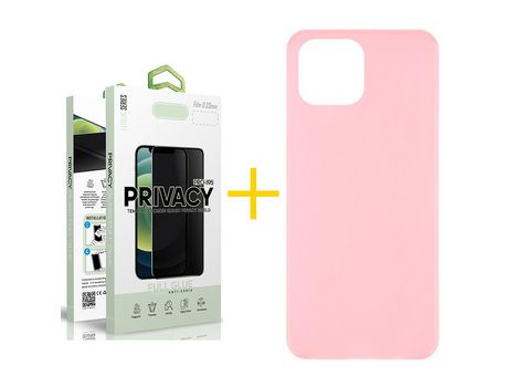 Juego 1 X Película de Vidrio Templado Antiespia y Funda SKYHE por Apple iPhone 14 Silicona Liso Rosa Pastel