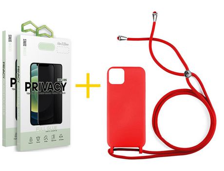 Pack 2 X Película de Vidrio Templado Antiespia + Funda GANDY por Apple iPhone 15 Pro Gel con Cordón Rojo