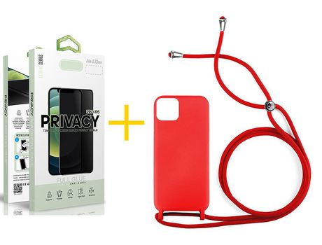 Juego 1 X Película de Vidrio Templado Antiespia y Funda SKYHE por Apple iPhone 14 Gel con Cordón Rojo
