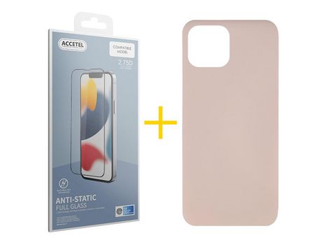 Juego 1 X Película de Vidrio Templado Antiestático + Funda Accetel por Apple iPhone 14 Plus Silicona Líquida Rosa