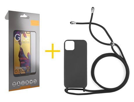 Juego 1 X Película de Vidrio Templado Full + Funda skyhe por Apple iPhone 14 Plus Gel con Cordón Negro