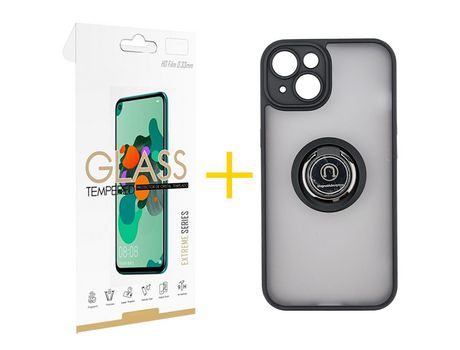 Juego 1 X Película de Vidrio Templado 2.5D y Funda SKYHE por Apple iPhone 14 Gel Bumper con Anillo Negro