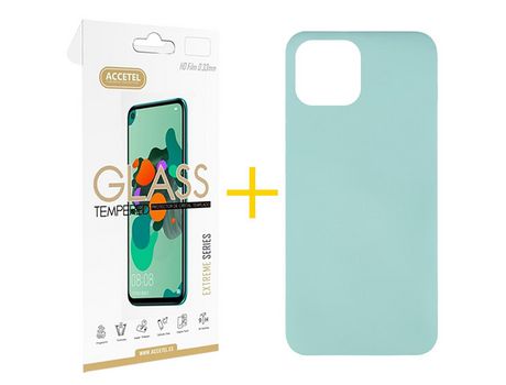 Juego 1 X Película de Vidrio Templado 2.5D y Funda ACCETEL por Apple iPhone 14 Silicona Líquida Verde-Água