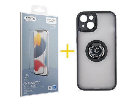 Juego 1 X Película de Vidrio Templado Antiestático y Funda ACCETEL por Apple iPhone 14 Gel Bumper con Anillo Negro