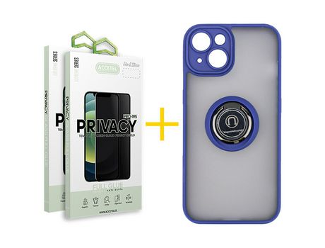 Juego 2 X Película de Vidrio Templado Antiespia y Funda ACCETEL por Apple iPhone 14 Gel Bumper con Anillo Azul