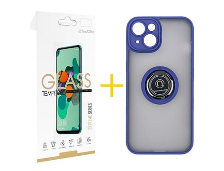 Pack 1 X Película de Vidrio Templado 2.5D + Funda GANDY por Apple iPhone 15 Gel Bumper con Anillo Azul