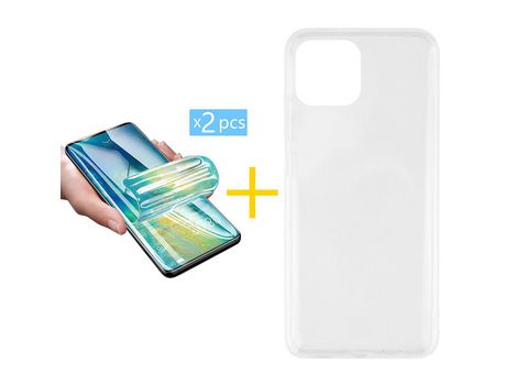Pack 2 X Película de Vidrio Templado Hidrogel + Funda GANDY por Apple iPhone 15 Silicona Líquida Incoloro Clear