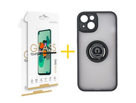 Juego 2 X Película de Vidrio Templado 2.5D y Funda SKYHE por Apple iPhone 14 Gel Bumper con Anillo Negro