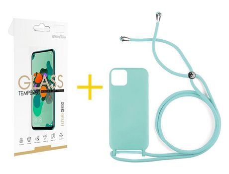 Pack 1 X Película de Vidrio Templado 2.5D + Funda SKYHE por Apple iPhone 15 Gel con Cordón Agua Verde
