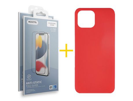 Juego 2 X Película de Vidrio Templado Antiestático + Funda Accetel por Apple iPhone 14 Plus Silicona Líquida Rojo