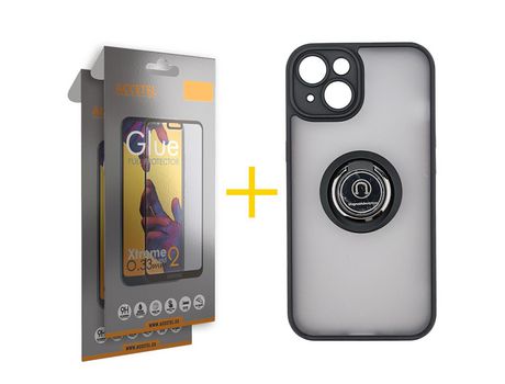 Juego 2 X Película de Vidrio Templado Full y Funda ACCETEL por Apple iPhone 14 Gel Bumper con Anillo Negro