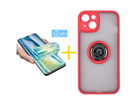 Juego 2 X Película de Vidrio Templado Hidrogel y Funda ACCETEL por Apple iPhone 14 Gel Bumper con Anillo Rojo