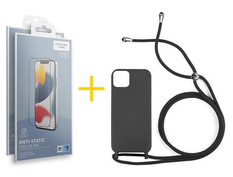 Juego 2 X Película de Vidrio Templado Antiestático + Funda skyhe por Apple iPhone 14 Plus Gel con Cordón Negro
