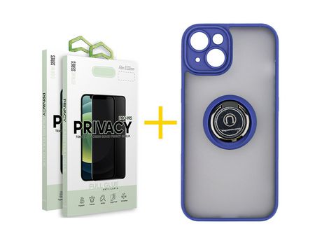Juego 2 X Película de Vidrio Templado Antiespia y Funda SKYHE por Apple iPhone 14 Gel Bumper con Anillo Azul