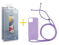 Juego 2 X Película de Vidrio Templado Antiestático + Funda Accetel por Apple iPhone 14 Plus Gel con Cordón Lila