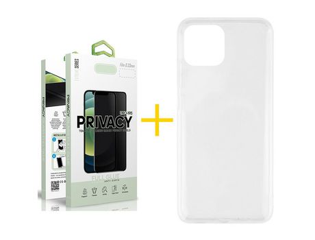 Juego 1 X Película de Vidrio Templado Antiespia y Funda SKYHE por Apple iPhone 14 Silicona Líquida Incoloro Clear