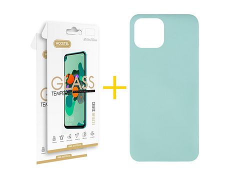Juego 2 X Película de Vidrio Templado 2.5D y Funda ACCETEL por Apple iPhone 14 Silicona Líquida Verde-Água