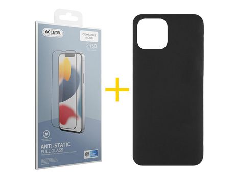 Juego 1 X Película de Vidrio Templado Antiestático + Funda Accetel por Apple iPhone 14 Plus Silicona Líquida Negro