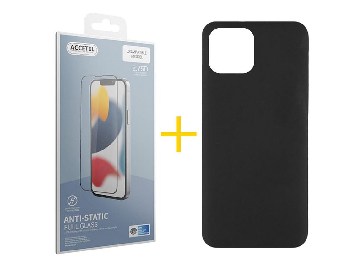 Juego 1 X Película de Vidrio Templado Antiestático + Funda Accetel por Apple iPhone 14 Plus Silicona Líquida Negro