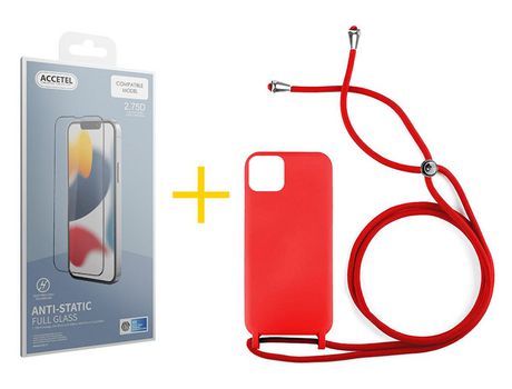 Juego 1 X Película de Vidrio Templado Antiestático + Funda Accetel por Apple iPhone 14 Plus Gel con Cordón Rojo