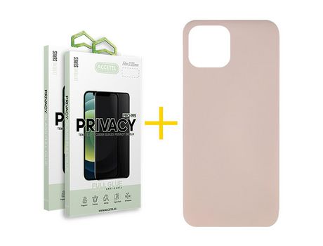 Juego 2 X Película de Vidrio Templado Antiespia + Funda Accetel por Apple iPhone 14 Plus Silicona Líquida Rosa