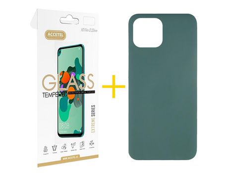 Juego 1 X Película de Vidrio Templado 2.5D y Funda ACCETEL por Apple iPhone 14 Silicona Líquida Verde