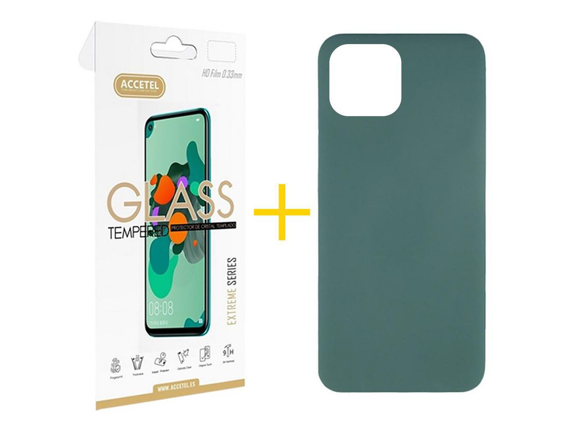 Juego 1 X Película de Vidrio Templado 2.5D y Funda ACCETEL por Apple iPhone 14 Silicona Líquida Verde