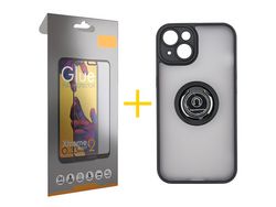 Juego 1 X Película de Vidrio Templado Full + Funda skyhe por Apple iPhone 14 Plus Gel Bumper con Anillo Negro