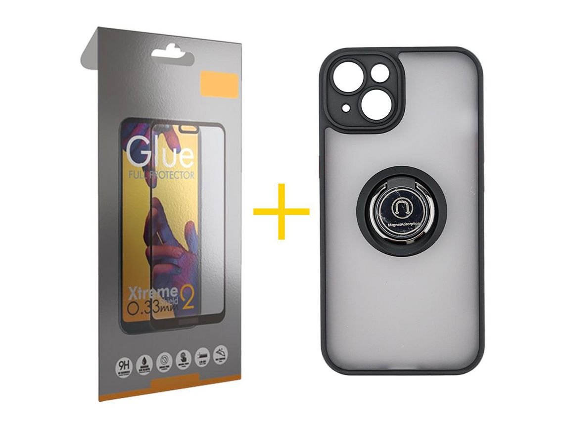 Juego 1 X Película de Vidrio Templado Full + Funda skyhe por Apple iPhone 14 Plus Gel Bumper con Anillo Negro