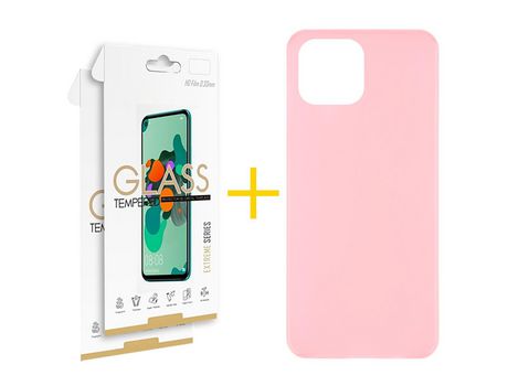 Juego 2 X Película de Vidrio Templado 2.5D y Funda SKYHE por Apple iPhone 14 Silicona Liso Rosa Pastel