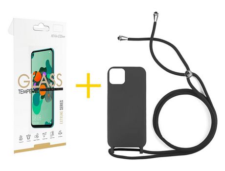 Juego 1 X Película de Vidrio Templado 2.5D + Funda skyhe por Apple iPhone 14 Plus Gel con Cordón Negro
