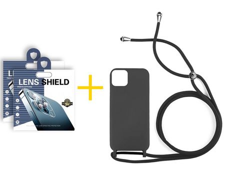 Pack 2 X Película de Cámara trasera + Funda GANDY por Apple iPhone 15 Pro Max Gel con Cordón Negro