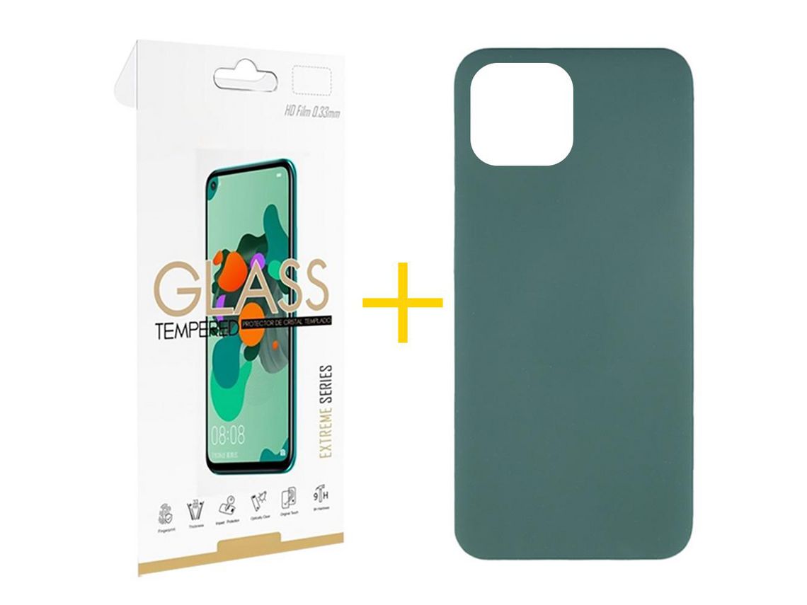 Juego 1 X Película de Vidrio Templado 2.5D y Funda SKYHE por Apple iPhone 14 Silicona Líquida Verde