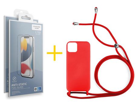 Juego 2 X Película de Vidrio Templado Antiestático + Funda skyhe por Apple iPhone 14 Plus Gel con Cordón Rojo