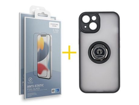 Juego 2 X Película de Vidrio Templado Antiestático y Funda SKYHE por Apple iPhone 14 Gel Bumper con Anillo Negro
