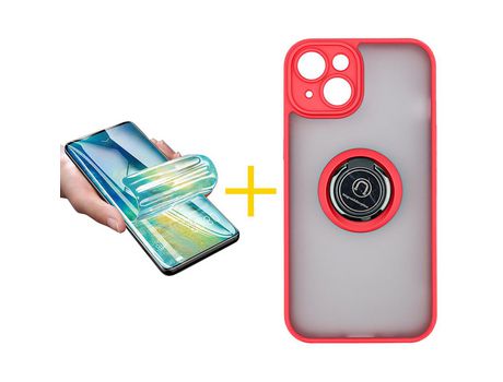 Juego 1 X Película de Vidrio Templado Hidrogel y Funda ACCETEL por Apple iPhone 14 Gel Bumper con Anillo Rojo