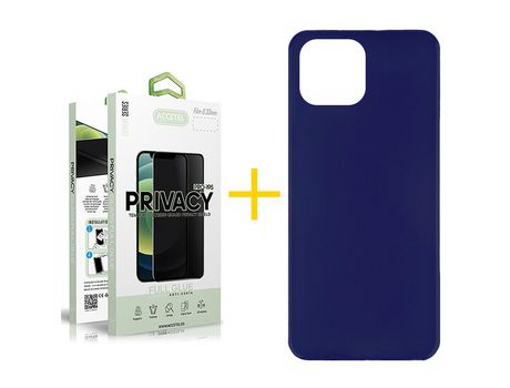 Juego 1 X Película de Vidrio Templado Antiespia y Funda ACCETEL por Apple iPhone 14 Silicona Liso Azul Oscuro