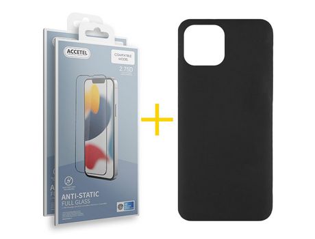 Juego 2 X Película de Vidrio Templado Antiestático + Funda Accetel por Apple iPhone 14 Plus Silicona Líquida Negro