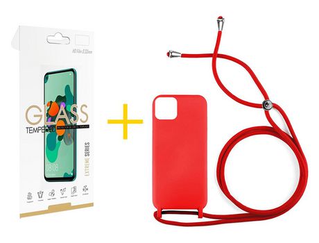 Juego 1 X Película de Vidrio Templado 2.5D + Funda skyhe por Apple iPhone 14 Plus Gel con Cordón Rojo
