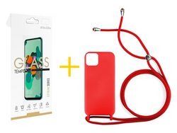 Juego 1 X Película de Vidrio Templado 2.5D + Funda skyhe por Apple iPhone 14 Plus Gel con Cordón Rojo
