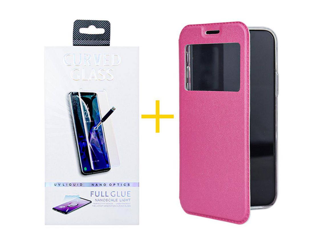 Juego 1 X Película de Vidrio Templado Antiestático + Funda Accetel por Apple iPhone 14 Pro Flip Cover Gandy Rosa