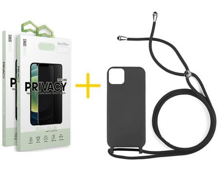 Juego 2 X Película de Vidrio Templado Antiespia + Funda skyhe por Apple iPhone 14 Plus Gel con Cordón Negro