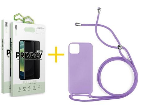 Juego 2 X Película de Vidrio Templado Antiespia y Funda SKYHE por Apple iPhone 14 Gel con Cordón Lila