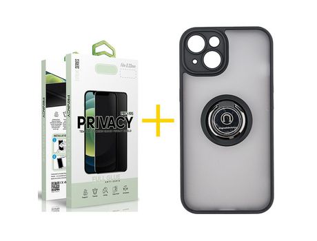 Juego 1 X Película de Vidrio Templado Antiespia y Funda SKYHE por Apple iPhone 14 Gel Bumper con Anillo Negro