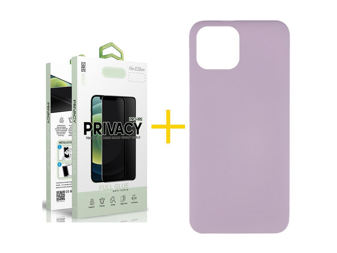 Pack 1 X Película de Vidrio Templado Antiespia y Funda SKYHE para iPhone 14 Silicona Líquida Morado