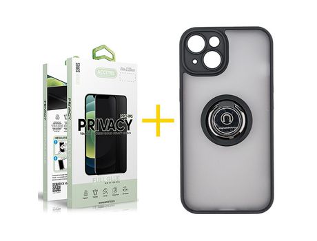 Juego 1 X Película de Vidrio Templado Antiespia y Funda ACCETEL por Apple iPhone 14 Gel Bumper con Anillo Negro
