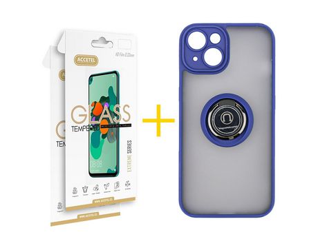Juego 2 X Película de Vidrio Templado 2.5D y Funda ACCETEL por Apple iPhone 14 Gel Bumper con Anillo Azul