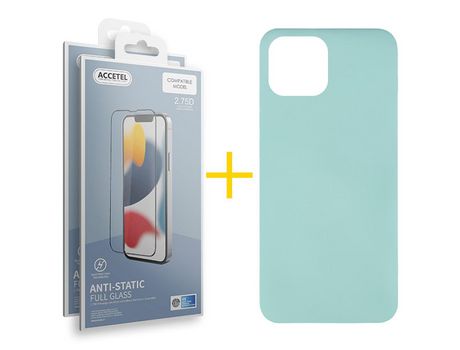 Juego 2 X Película de Vidrio Templado Antiestático y Funda ACCETEL por Apple iPhone 14 Silicona Líquida Verde-Água