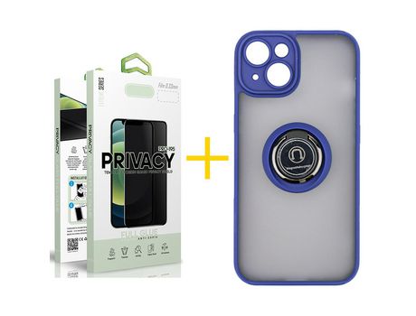 Juego 1 X Película de Vidrio Templado Antiespia y Funda SKYHE por Apple iPhone 14 Gel Bumper con Anillo Azul